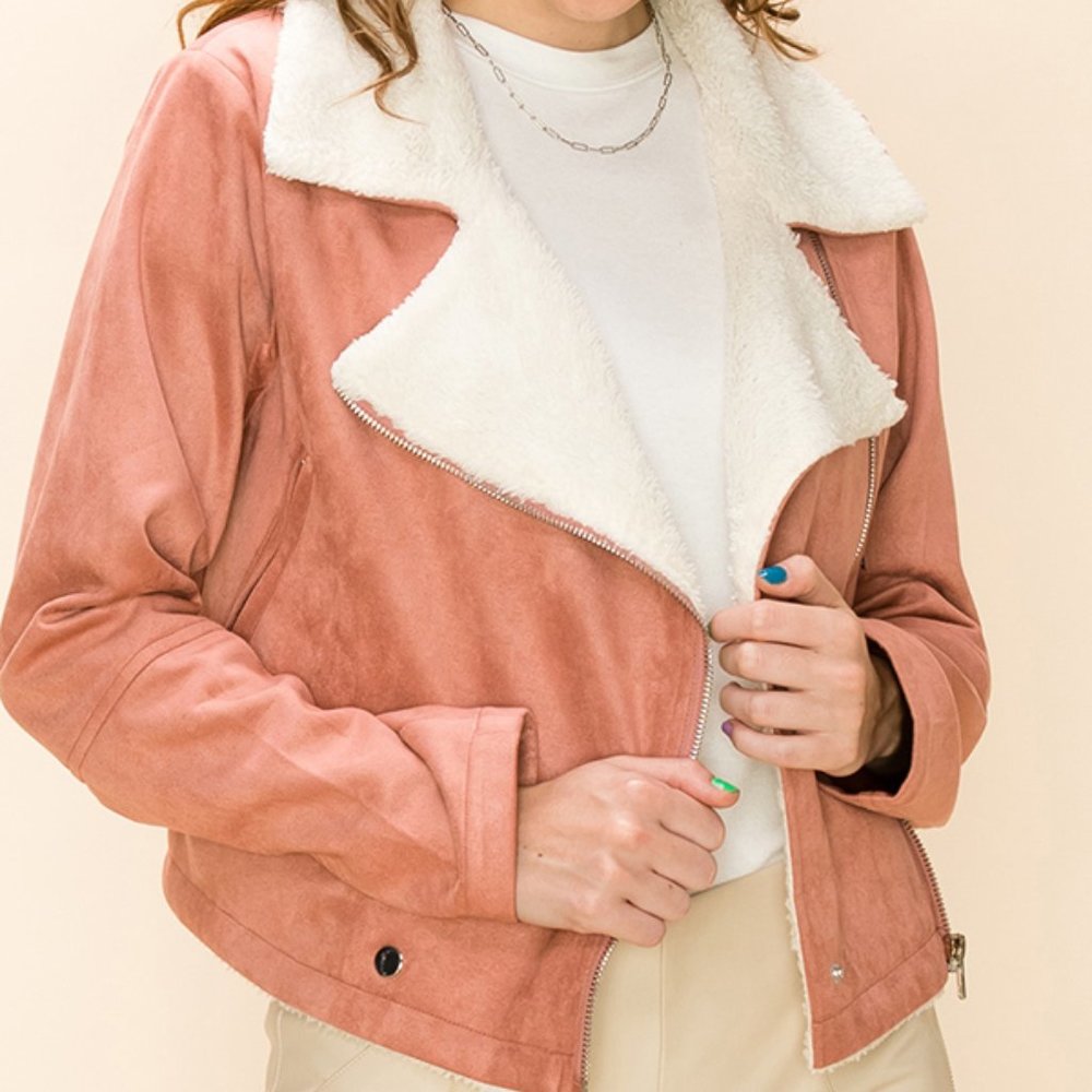 MAUVE Faux Fur Biker Bomber - Picture 1 of 6